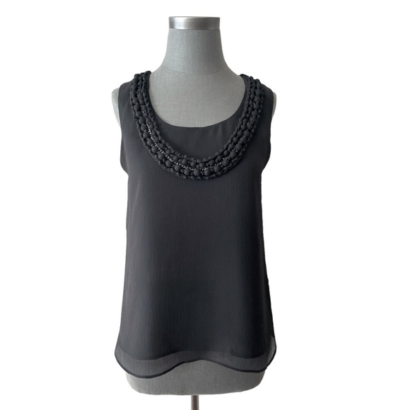 Black Sheer Tank Blouse DANA BUCHMAN Sleeveless T- Shirt Chain Detail Collar Top - Picture 2 of 6